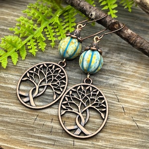 Tree of Life Earrings, Copper and Turquoise Czech Glass Dangles, Free Domestic Shipping, Womens Gift, Artisan Jewelry