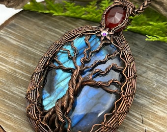 Big Blue Rainbow Tree of Life Labradorite and Carnelian Gemstone Pendant Necklace with Wire Wrapped Copper, Free USA Shipping, Gift