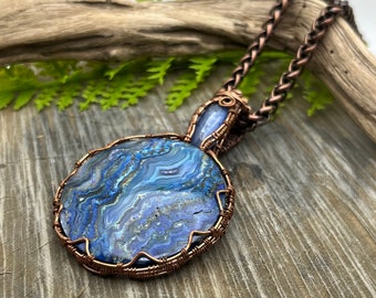 Blue Crazy Lace Agate and Kyanite Gemstones copper wire wrap pendant~ necklace~ready to ship~Free Domestic Shipping ~ wire wrap~Gift