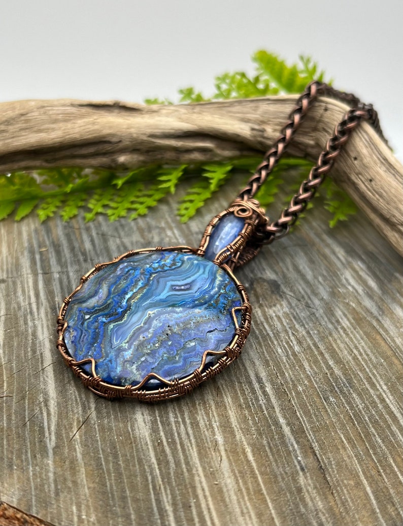 Blue Crazy Lace Agate and Kyanite Gemstones copper wire wrap pendant necklaceready to shipFree Domestic Shipping wire wrapGift image 1