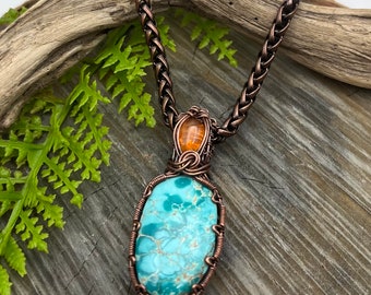 Genuine Turquoise Sunstone Gemstones Copper Wire Wrapped Necklace, Pendant, Artisan Jewelry,