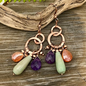 Copper Hoops, Green Chalcedony, Carnelian, Amethyst Gemstones, Long Copper Earrings,Free Domestic Shipping, Gift, Birthstones