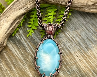 Blue Hemimorphite and Tourmaline Gemstone Pendant Necklace with Wire Wrapped Copper, Free Shipping, Gift, Choose Length