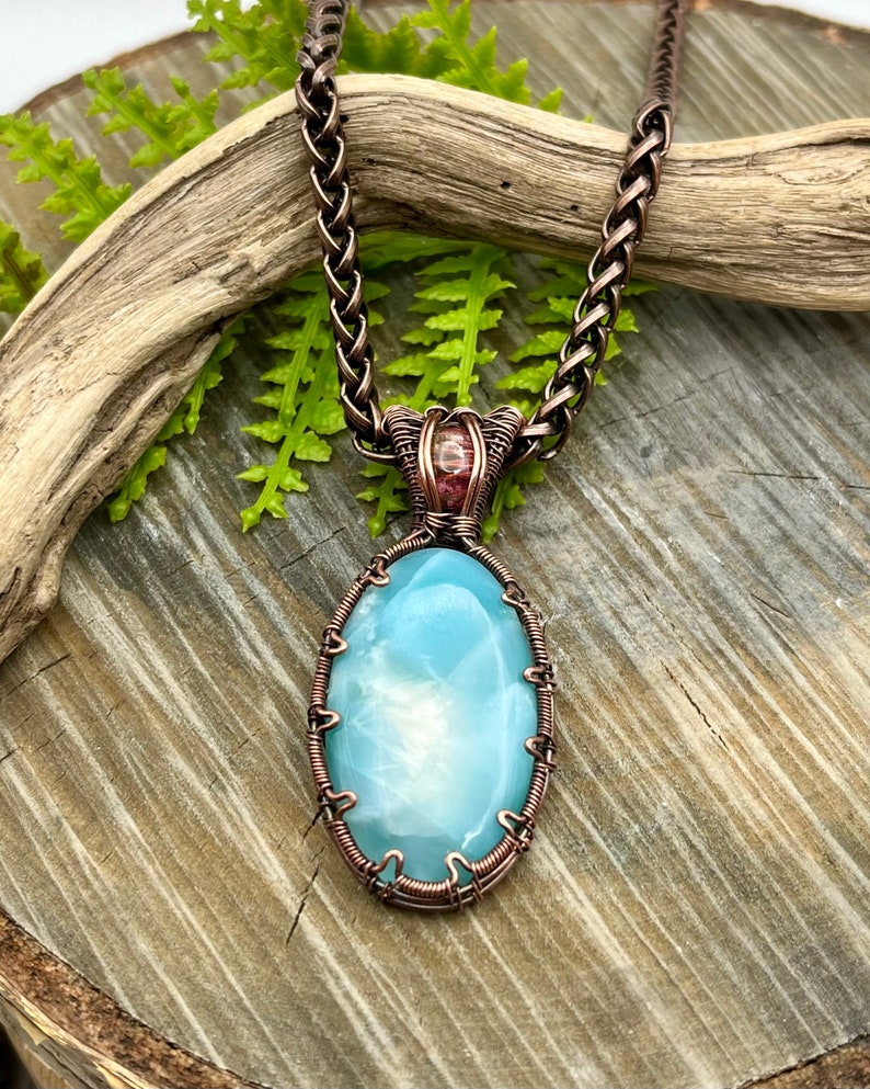 Blue Hemimorphite and Tourmaline Gemstone Pendant Necklace with Wire Wrapped Copper, Free Shipping, Gift, Choose Length image 1