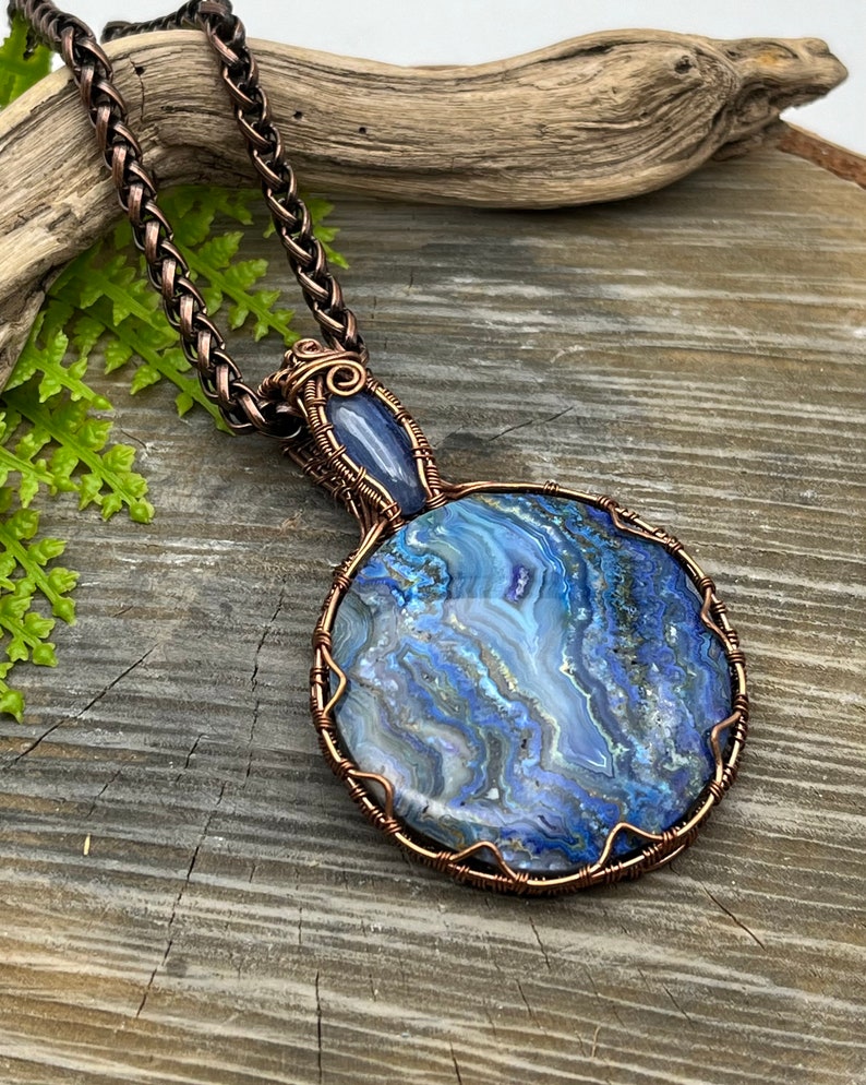 Blue Crazy Lace Agate and Kyanite Gemstones copper wire wrap pendant necklaceready to shipFree Domestic Shipping wire wrapGift image 4