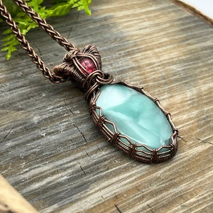 Blue Hemimorphite and Pink Sapphire Gemstone Pendant Necklace with Wire Wrapped Copper, Free Shipping, Gift, adjustable Length image 6