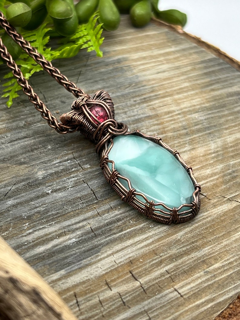 Blue Hemimorphite and Pink Sapphire Gemstone Pendant Necklace with Wire Wrapped Copper, Free Shipping, Gift, adjustable Length image 6