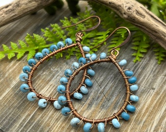 Blue Larimar Copper Wire Wrapped Hoop Earrings, Artisan Jewelry, Gift,Birthstone