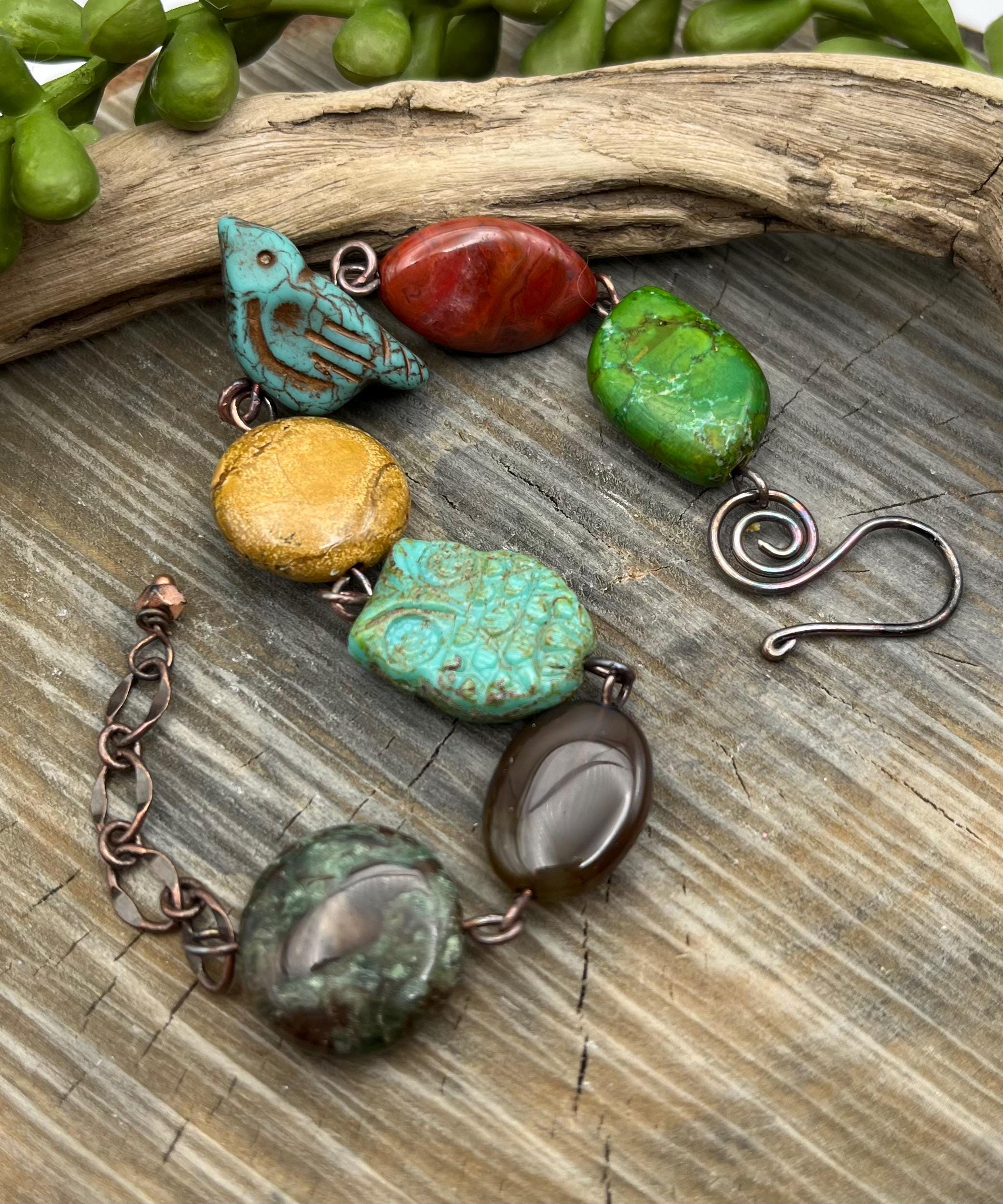 Handmade Copper Multi Gemstone Bracelet: Czech Glass Owl Bird