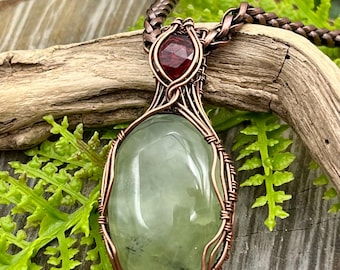 Prehnite with Garnet Copper Wire Wrapped Necklace Pendant