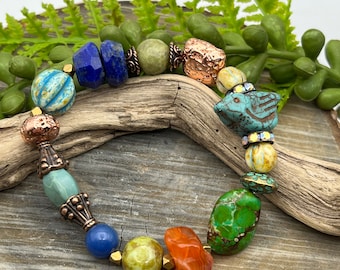 Blue Bird Gemstone and Czech Glass Beaded Stretch Bracelet, Free USA shipping, Gift, Women’s size Small, stacker bracelet