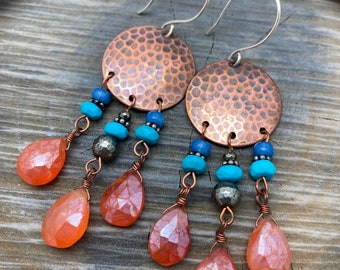 Hammered Copper Gemstone Earrings, Turquoise, Faceted Carnelian, Hematite, Blue Glass, Sterling Silver, Gift, Free Domestic Shipping