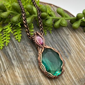 Teal Green Hand Cut German Glass, Pink Sapphire Gemstone Wire Wrap Necklace, Copper Wire Wrap Jewelry, Free USA ship, Womens Gift image 6