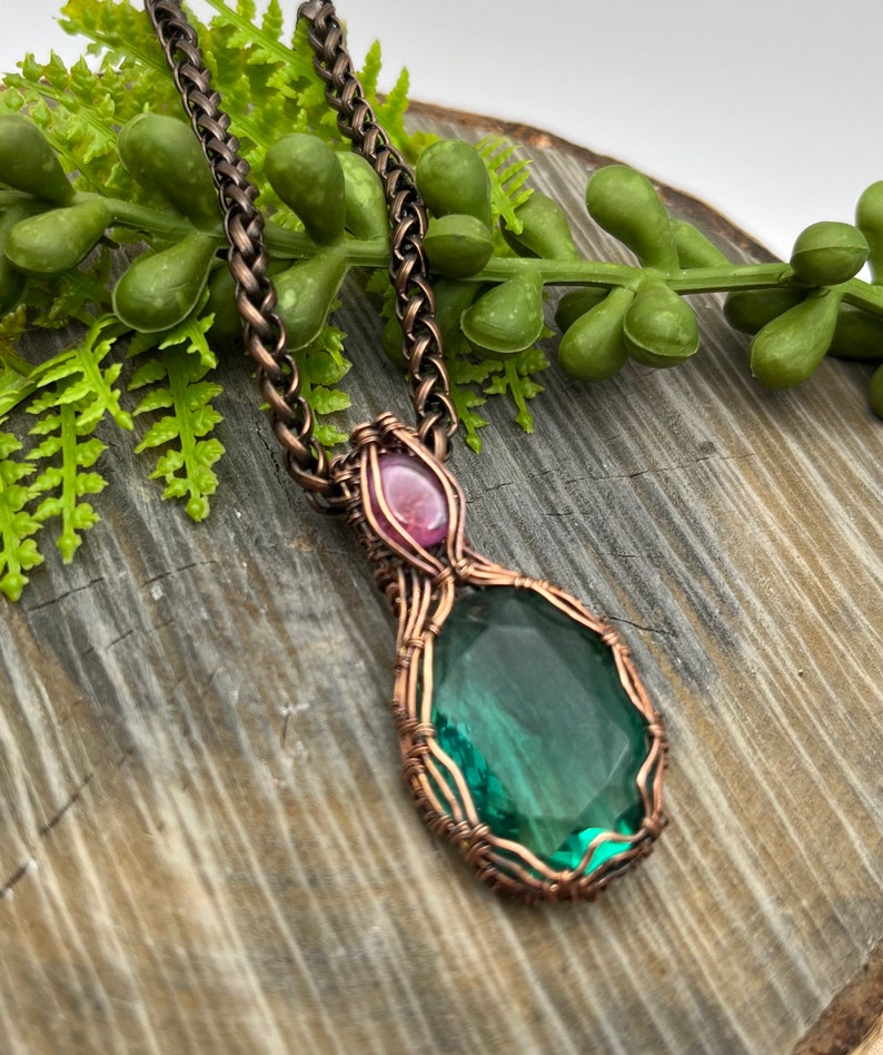 Teal Green Hand Cut German Glass, Pink Sapphire Gemstone Wire Wrap Necklace, Copper Wire Wrap Jewelry, Free USA ship, Womens Gift image 6