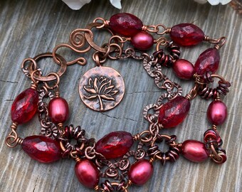 Bracelet Red Pearl Lotus Czech Glass Copper Wire Wrap, Free Shipping Gift Valentine Birthday Anniversary