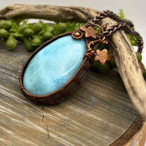 Larimar Blue Gemstone with Copper Ivy Pendant Necklace with Wire Wrapped Copper, Adjustable, Ready To SHIP, Gift image 4