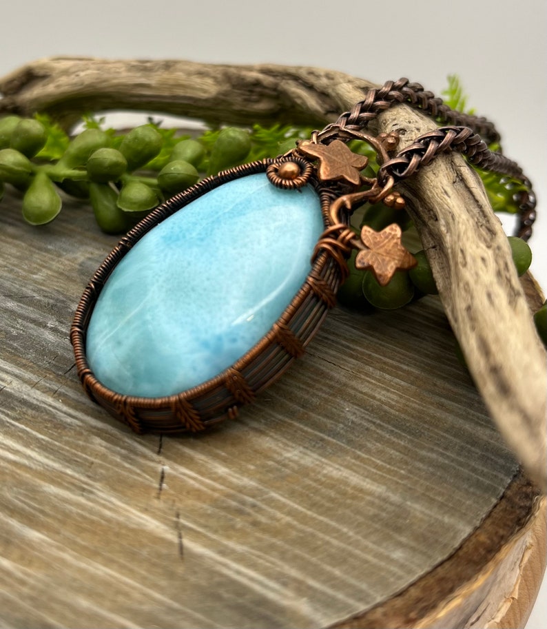 Larimar Blue Gemstone with Copper Ivy Pendant Necklace with Wire Wrapped Copper, Adjustable, Ready To SHIP, Gift image 4