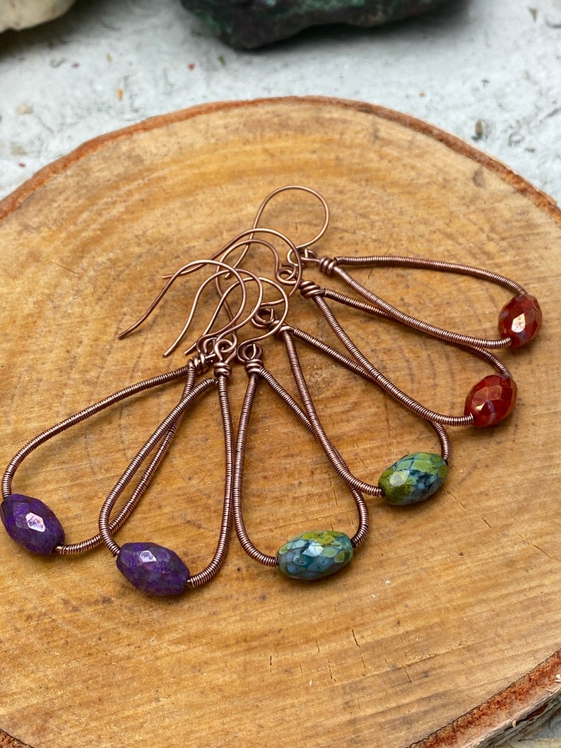 Purple Free USA Shipping Dangle Earrings Ready to Ship Speckled Weaver Roots Your Choice Czech Glass Copper Wire Wrap or Carnelian