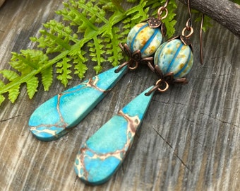 Crazy Lace Agate Gemstone Copper Earrings, Long Dangles, Boho Style, Czech glass, Free Domestic Shipping, Handmade Artisan Jewelry, Gift