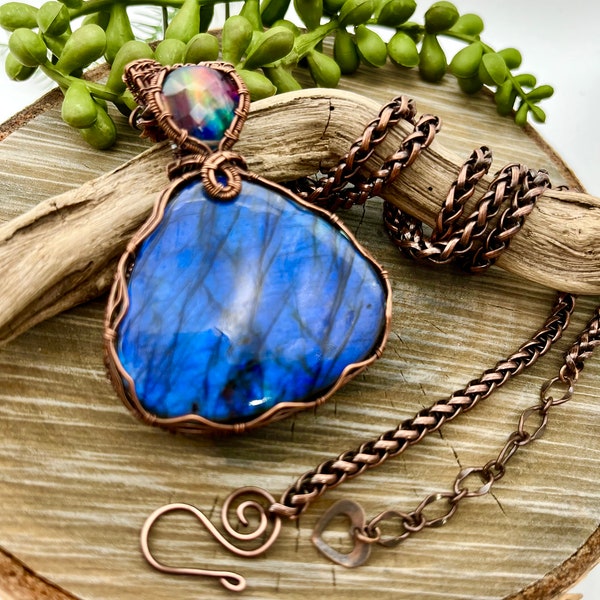 Labradorite Blue Enormous gemstone ~ pendant~ necklace~ready to ship~Free USA Shipping ~ wire wrap~ wire weaver