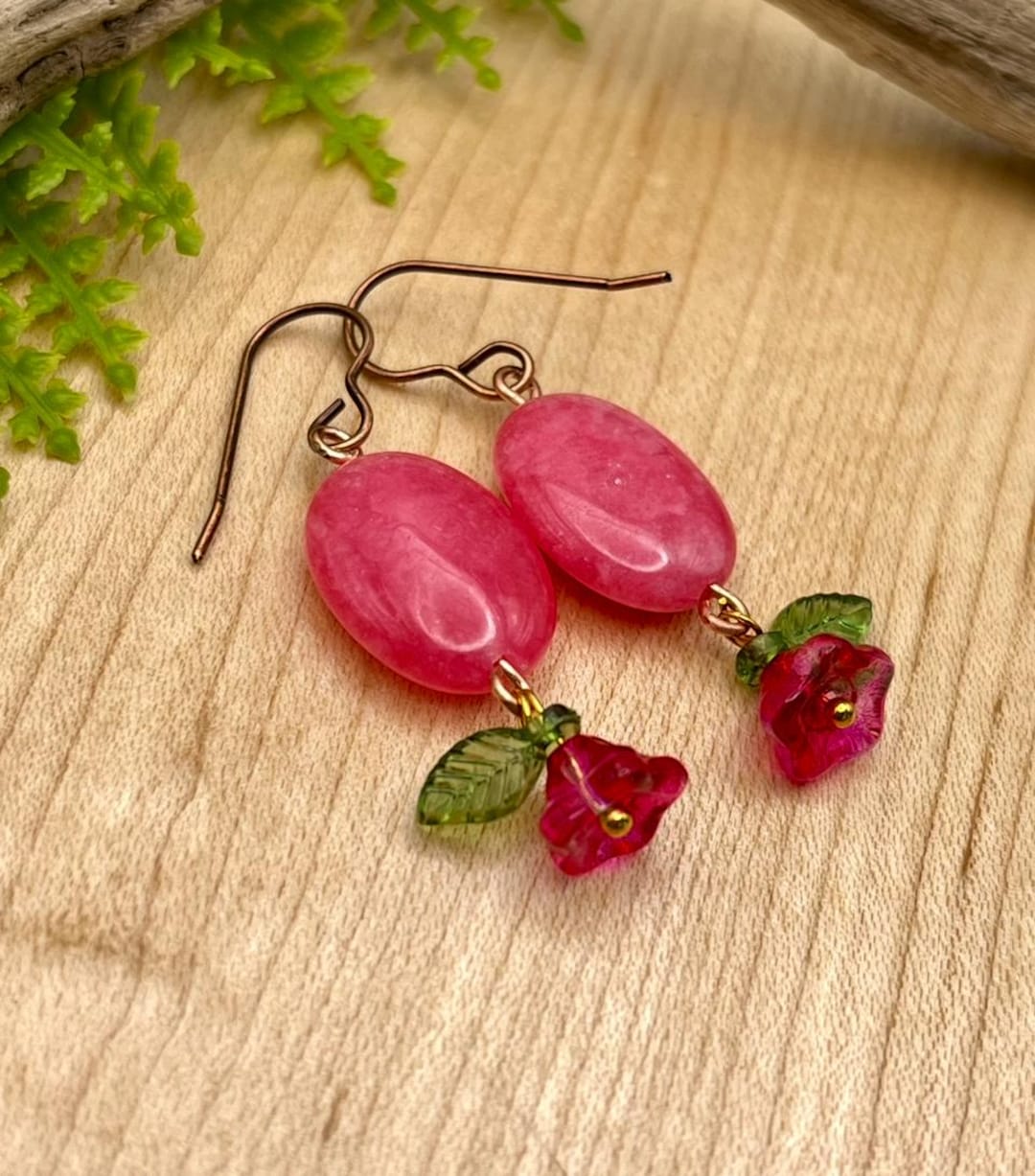 hot-pink-quartz-dangle-earrings-wire-wrapped-czech-glass-floral-blooms