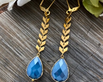 Crystal Blue Faceted Gold Foil Chevron Boho Earrings /by Weavers Roots Jewelry/ Ready to Ship Free Domestic Shipping, made in the USA