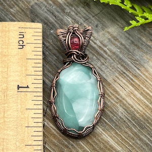 Blue Hemimorphite and Pink Sapphire Gemstone Pendant Necklace with Wire Wrapped Copper, Free Shipping, Gift, adjustable Length image 2