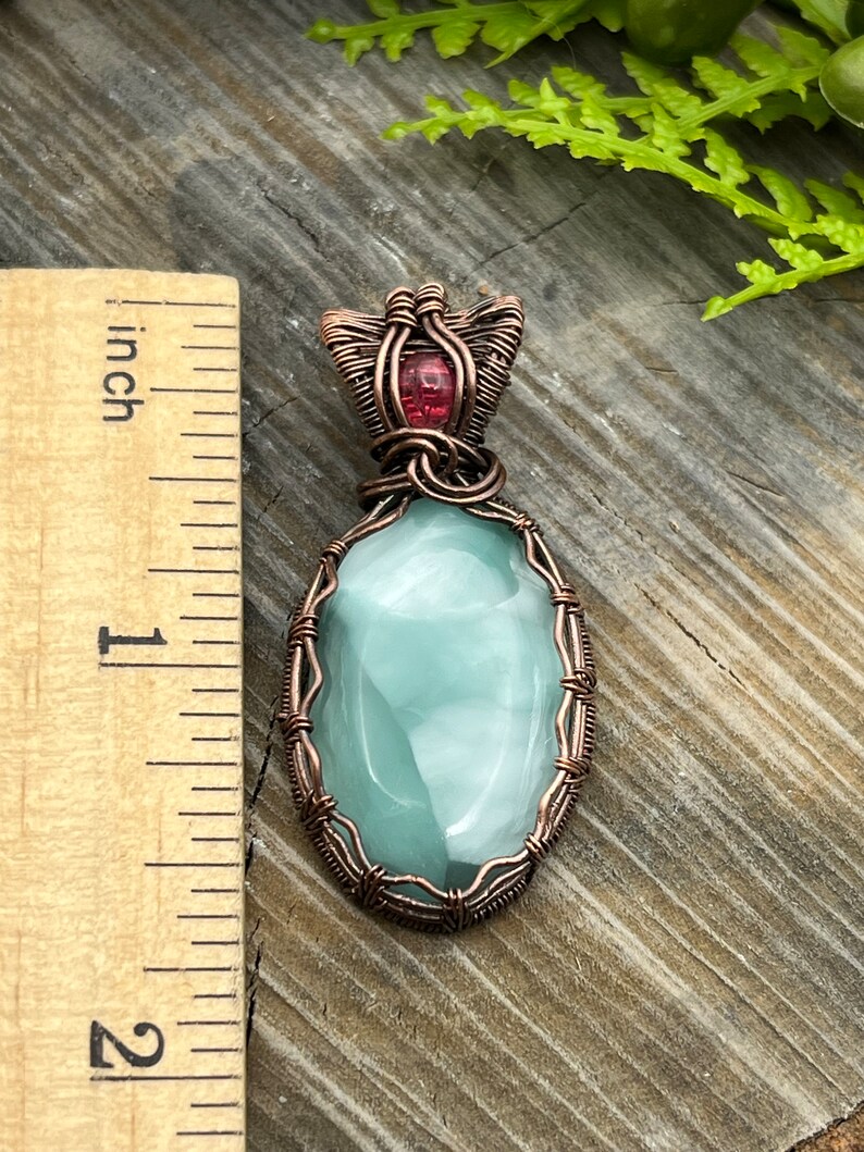 Blue Hemimorphite and Pink Sapphire Gemstone Pendant Necklace with Wire Wrapped Copper, Free Shipping, Gift, adjustable Length image 2