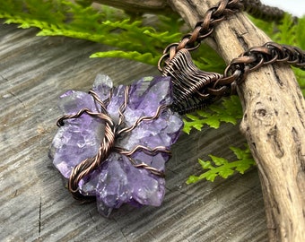 Amethyst Crystal Gemstone Tree of Life Wire Wrap Pendant Necklace, Copper Wire Wrap Jewelry, February Birthstone, free USA ship