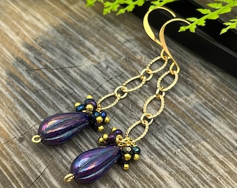 Purple Blue, Golden Dangle, Faceted Glass, Boho Earrings /by Weavers Roots Jewelry/ Ready to Ship Free Domestic Shipping, made in the USA