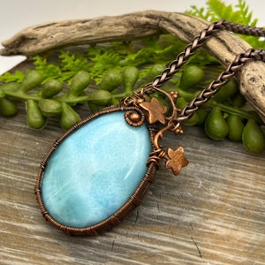 Larimar Blue Gemstone with Copper Ivy Pendant Necklace with Wire Wrapped Copper, Adjustable, Ready To SHIP, Gift image 1