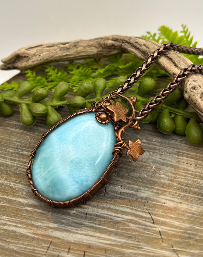 Larimar Blue Gemstone with Copper Ivy Pendant Necklace with Wire Wrapped Copper, Adjustable, Ready To SHIP, Gift image 1