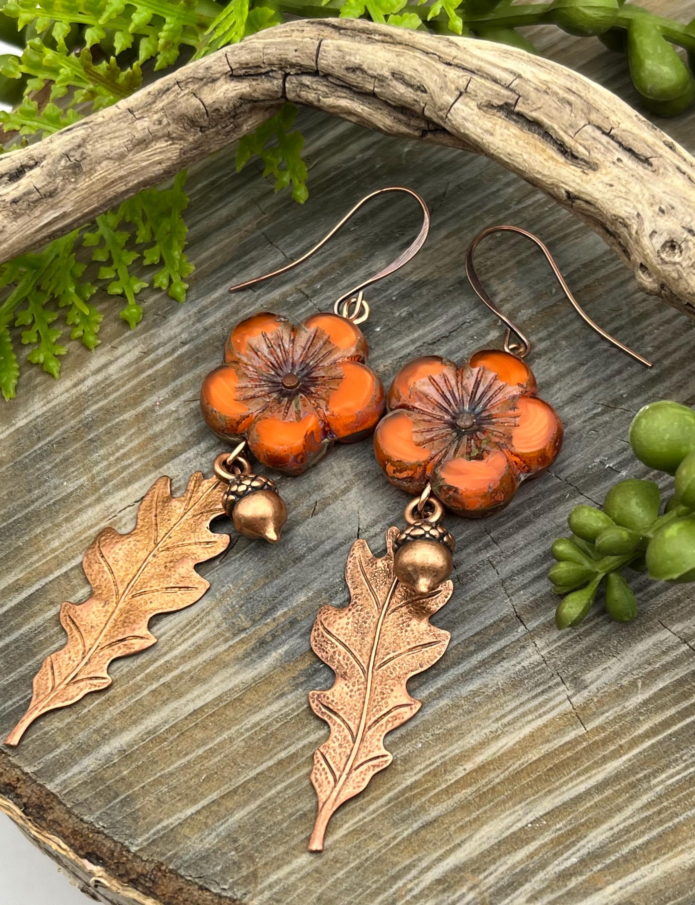 Copper Oak Leaf Earrings with Czech Glass Flowers, Boho, Fall, Autumn, Long Earrings, Weavers Roots Jewelry, Free Domestic Shipping, Gift