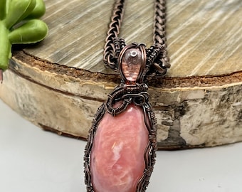 Pink Opal and Tourmaline Gemstones with Copper, Wire Wrapped Pendant Necklace, Amazing Chain, Ready to Ship, Free Shipping, Made in the USA