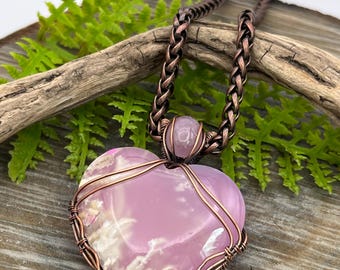 Mauve Pink Plume Agate Heart Copper Wire Wrapped Necklace, Romantic Necklace, Free Domestic  Shipping, Made in the USA, Great Gift