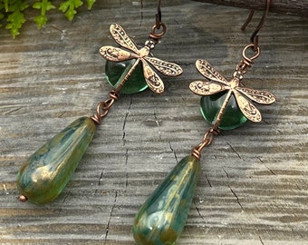 Green Dragonfly Dangle Earrings, Czech Glass Beads, Copper Artisan Jewelry, Made in the USA, Fast n Free Shipping