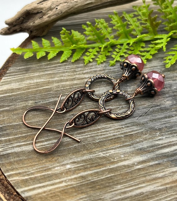 Handmade Etched Copper Hoop Earrings: Pink Czech Glass Beads
