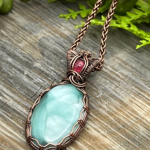 Blue Hemimorphite and Pink Sapphire Gemstone Pendant Necklace with Wire Wrapped Copper, Free Shipping, Gift, adjustable Length image 5