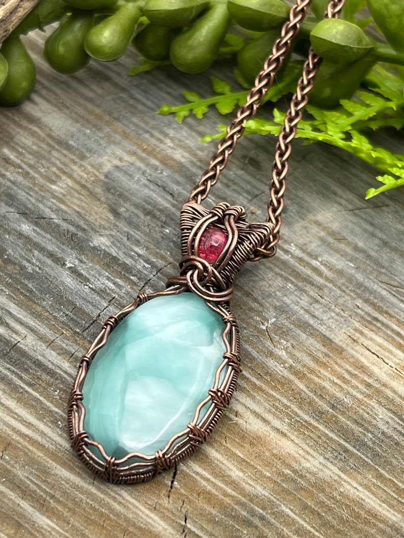 Blue Hemimorphite and Pink Sapphire Gemstone Pendant Necklace with Wire Wrapped Copper, Free Shipping, Gift, adjustable Length image 5