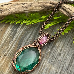 Teal Green Hand Cut German Glass, Pink Sapphire Gemstone Wire Wrap Necklace, Copper Wire Wrap Jewelry, Free USA ship, Womens Gift image 4