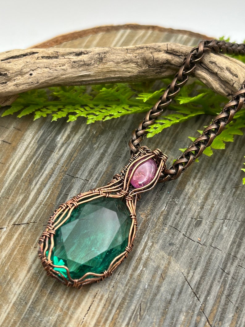 Teal Green Hand Cut German Glass, Pink Sapphire Gemstone Wire Wrap Necklace, Copper Wire Wrap Jewelry, Free USA ship, Womens Gift image 4