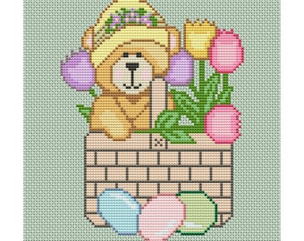 Hand Counted Cross Stitch Embroidery Pattern - Easter Bear Basket Cross Stitch Design 1 - INSTANT Download - PDF