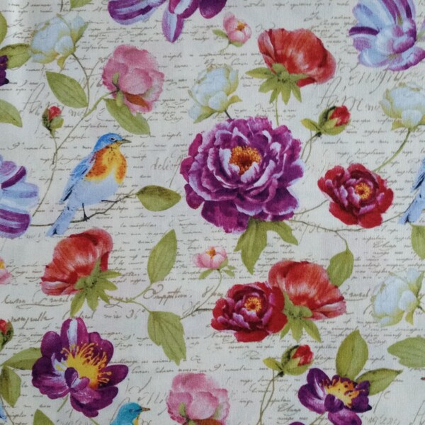 Cotton fabric Avian Garden 23" x44" Peony Floral Blue Bird Quilt Quality Lovely Floral Color Beautiful Fabric for Creative Projects mdFBP005