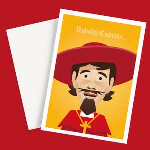 May include: A rectangular greeting card with a white envelope featuring a stylised illustration of a person wearing a wide-brimmed red hat and red clerical clothing with a gold cross necklace against a yellow background with the text Nobody Expects...