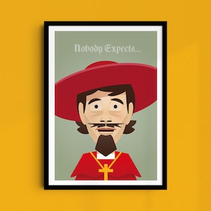 May include: A framed wall art print featuring a stylised illustration of a person wearing a wide-brimmed red hat and red clerical-style clothing with a yellow cross necklace. The light green background includes the white text Nobody Expects...