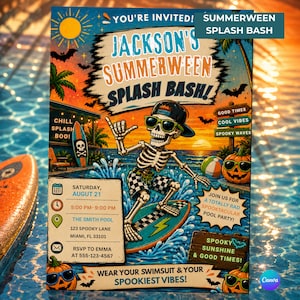 Può includere: Un volantino d'invito Summerween Splash Bash con uno scheletro che indossa occhiali da sole e un berretto, mentre fa surf su una tavola in piscina. Il testo include i dettagli dell'evento per sabato 21 agosto presso The Smith Pool, Miami.
