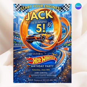 Race Car 5th Birthday Invitation, Turning 5 Racing Party Invite, Editable Canva Template, Speedway Party, Boys Car Birthday