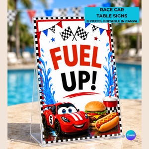 Race Car Birthday Table Signs Editable Canva, Racing Party Food Station Signs, 8 Printable 5x7 Buffet Signs, Kids Party Decor