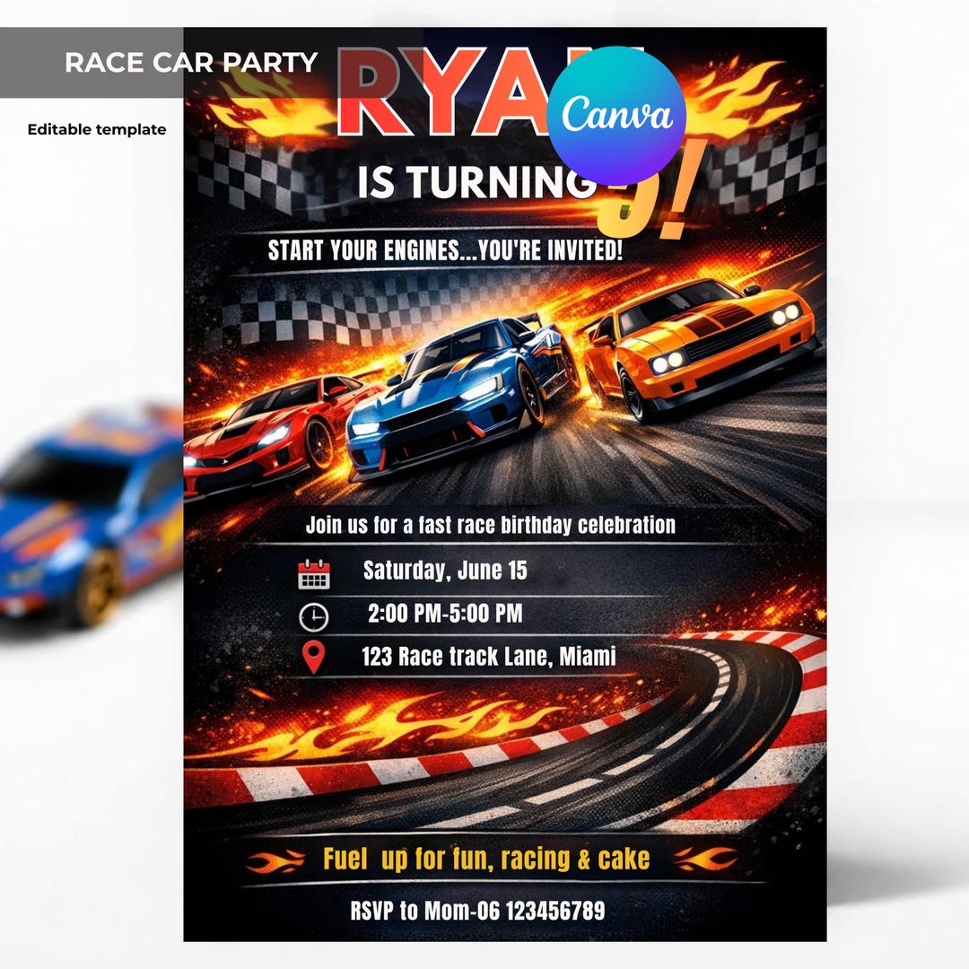 Race Car Birthday Invitation Editable Canva Template Racing Party ...