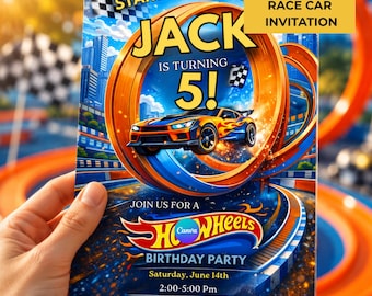 Convite de aniversário com tema de corrida de carros, editável no Canva, convite para festa em autódromo, convite de aniversário para pequeno piloto, tamanho 5x7 para imprimir.